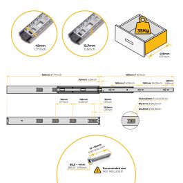 Emuca Lot de 5 jeux de coulisses de tiroirs, roulement à billes, hauteur 45mm, profondeur 450mm, sortie totale, fermeture amortie, Zingué