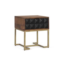 GINER Y COLOMER Table de nuit sculptée et fabriquée à la main en bois de manguier couleur noisette avec tiroir noir et pieds en fer doré design contemporain