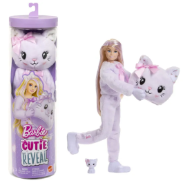 Barbie JJP64 - Cutie Reveal - Poupée Chat Mauve - Coffret Surprise avec 10 Accessoires Mode, Dès 3 ans
