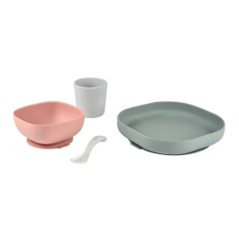 Beaba Set Repas Silicone Bébé 4 Pièces avec Ventouse Antidérapante Bol Assiette Verre Cuillère Eucalipto