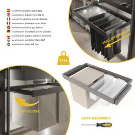 Emuca Kit 2 plateaus auxiliaires, 1 panier et rack ajustable Quartz pour armoires, glissières extension totale et à fermeture douce, Module 90cm, Finition Titane