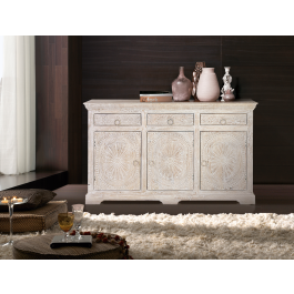 GINER Y COLOMER - Buffet 3 portes et 3 tiroirs en bois de manguier massif, finition blanc vieilli antique, dimensions 90 x 150 x 40 cm