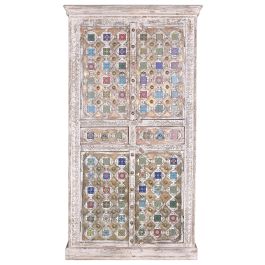 GINER Y COLOMER, Armoire en Bois de Mango avec Incrustations en Céramique et Bronze, Finition Blanc Lavé, 4 Portes, 2 Tiroirs, 185 x 100 x 40 cm