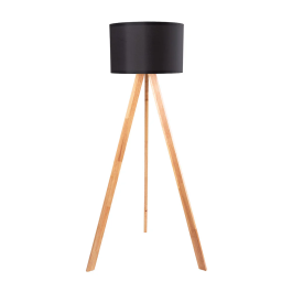 Lampe sur pied trépied Pyongyang [OPV-780SGN2422] en bois et tissu, douille E27, style naturel, nordique, rustique