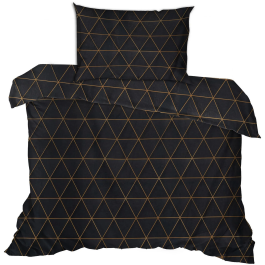 Parure de lit 1 personne - Housse de couette 140 x 200 cm + Taies d'oreiller 60 x 60 cm - Imprimé graphique noir et or - 100% coton renforcé