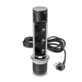 Emuca Multiconnecteur Vertikal Push 60, diamètre 60 mm, 3 prises de type Schuko, 1 USB de type A, 1 USB de type C, Acier et plastique, Acier inoxydable