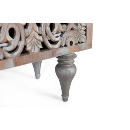 GINER Y COLOMER - Buffet en bois de manguier gris décapé avec deux portes latérales sculptées à la main et trois tiroirs, meuble vintage avec pieds tournés