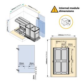 Emuca poubelle de recyclage pour montage inférieur et extraction manuelle/automatique pour meuble de cuisine Recycle 2x12litres, Plastique gris anthracite