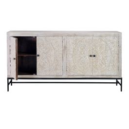 Giner y Colomer Buffet 4 portes en bois de manguier blanc vieilli avec intérieur à étagères, détails sculptés main - 158x38x85 cm environ