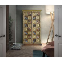 GINER Y COLOMER Dora2 - Armoire 2 portes en acacia style ethnique avec applications d'azulejos et bronze repoussé - 180 x 100 x 45 cm - Couleur cerise