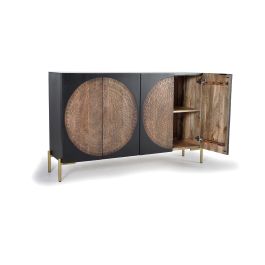 GINER Y COLOMER Buffet 4 portes en bois de manguier et métal, finition noyer vieilli, 90 x 145 x 40 cm