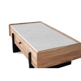GINER Y COLOMER - Table basse en bois d'acacia massif et marbre blanc avec tiroir traversant et pieds métalliques noirs - Design moderne