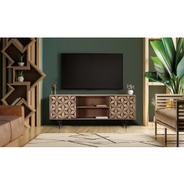 GINER Y COLOMER - Meuble TV en bois de manguier et métal avec 2 portes et 2 étagères - Espace de rangement, design moderne, finition naturelle et noir