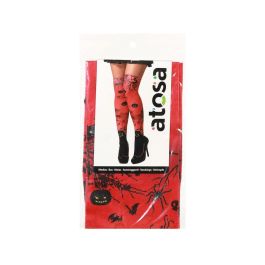 Chaussettes Hautes Rouges Halloween avec Motif Calabazas et Arbres Noirs - Accessoire Déguisement