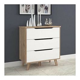 FINLANDEK VANKKA Commode Escandinave 3 Tiroirs Roble Blanc Patas Madera Maciza 80x42x42cm