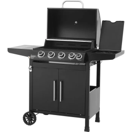 Cookingbox Barbecue à gaz 4 brûleurs avec couvercle thermomètre et grille chaude, surface de cuisson 60x42 cm, chariot avec rangement et roues, finition noire