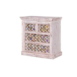 GINER Y COLOMER Commode 4 tiroirs en bois de manguier avec détails en céramique et bronze - Couleur blanc vieilli - 90 x 90 x 40 cm