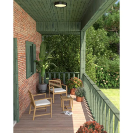 Salon de jardin Cali en bois d'Acacia FSC, 2 fauteuils + table basse carrée avec coussins écru en polyester 200g/m²