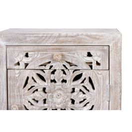 GINER Y COLOMER - Table de chevet ou table d'appoint avec 1 porte et 1 tiroir en bois de manguier massif et pieds métal, finition blanc vieilli et gris, 56 x 40 x 35 cm