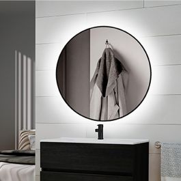 Emuca Miroir Zeus avec éclairage décoratif à LED et cadre noir, diamètre 80 cm, AC 230V 50Hz, 12 W, Aluminium et Verre