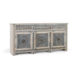 GINER Y COLOMER Buffet blanc et bleu avec 3 tiroirs et 4 portes en bois de manguier massif, finition lavée, artisanat sculpté, dimensions: 50 cm de large