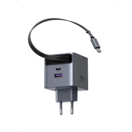 UGREEN Chargeur Secteur 65W avec Câble Intégré Réversible - USB-C PD et USB-A - Pour Smartphone, Tablette, Ordinateur Portable - Compact et Sécurisé