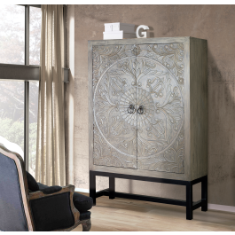 GINER Y COLOMER Armoire 2 portes en bois de manguier et métal patiné gris antiquité, avec soleil fleuri et étagères, 180 x 116 x 42 cm