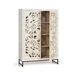 GINER Y COLOMER Vitrina - Buffet 2 portes en bois de manguier massif avec finition blanc vieilli et pieds métal noir, 160 x 110 x 40 cm