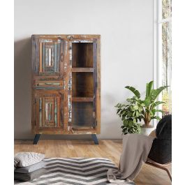 GINER Y COLOMER Vitrina Buffet en Bois de Mango Recyclé avec Pieds en Métal Multicolore 3 Portes 1 Tiroir 140x90x38 cm
