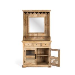 GINER Y COLOMER Buffet à Bouteilles en Bois de Manguier avec Miroir Central, Étagères, Tiroirs et Portes Vitrées - Finition Naturelle