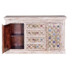 GINER Y COLOMER Buffet en bois de manguier avec détails en céramique et bronze, finition blanc vieilli, 150 x 45 x 95 cm