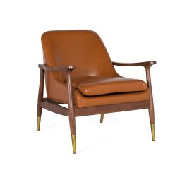 GINER Y COLOMER Fauteuil moderne en bois et cuir synthétique brun avec détails Dora2 - Accoudoirs courbes, pieds coniques dorés Precio: 479.988. SKU: B14GTSRJX9