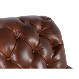 GINER Y COLOMER - Fauteuil en cuir véritable marron avec capitonnage, dossier haut et accoudoirs, pattes en bois et roulettes - 99x92x94 cm