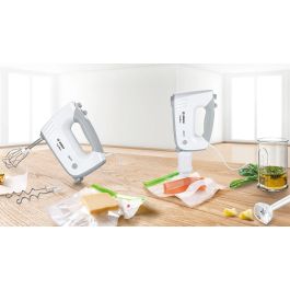 Bosch MFQ364V0 ErgoMixx - Batteur Mélangeur 3-en-1 avec Système de Mise sous Vide, 450 W, 5 Vitesses + Turbo, Accessoires Inox, Blanc/Gris