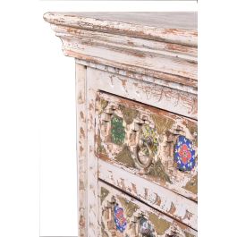 GINER Y COLOMER Table de nuit en bois de manguier avec incrustations de céramique et bronce, finition blanc vieilli, 3 tiroirs, 65 x 50 x 40 cm