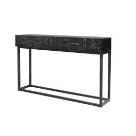 GINER Y COLOMER Meuble de réception en bois de manguier avec pattes métal noir, 2 tiroirs, sculptures artisanales, 76x120x30 cm