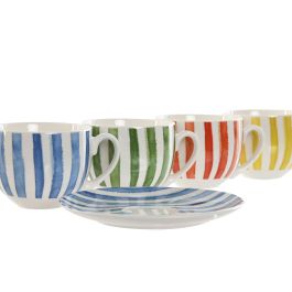 Jeu de 6 tasses avec plat Home ESPRIT Jaune Bleu Vert Corail Porcelaine Rayures méditerranéen 240 ml