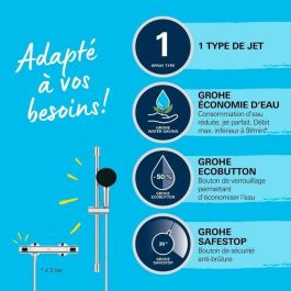 Grohe 34800001 Ensemble de douche thermostatique, 1 jet, barre 60cm, flexible, cromo, économie d'eau