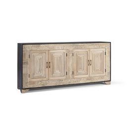 GINER Y COLOMER Buffet 4 Portes en Bois de Mango Sculpté à la Main Talla2 - Ton Naturel et Noir avec Poignées Bronze - 195 cm