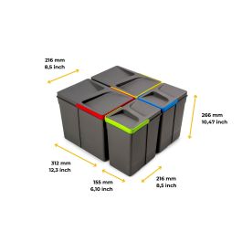 Emuca Kit de bacs de tri sélectif pour tiroirs de cuisine Recycle hauteur 266mm, 2x15litres, 2x7litres, Plastique gris antracite