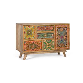 GINER Y COLOMER Commode en bois de manguier artisanal avec 6 tiroirs et porte, décors peints à main, style ethnique bohem - Dimensions 39x25 cm