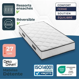 Somnis Bedding 110100910 Matelas 90 x 200 cm, 27 cm, 380 Ressorts Ensachés, 7 Zones, Équilibré, Réversible, Fabriqué en Belgique