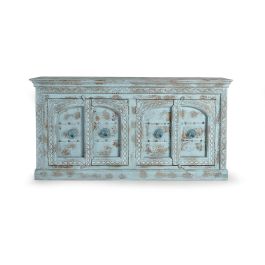 GINER Y COLOMER - Buffet 4 portes en bois de manguier vert d'eau vieilli, sculpté à la main, avec détails métal, 190x100x45 cm