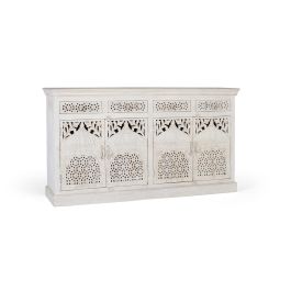 Buffet GINER Y COLOMER en bois de manguier, 4 portes et 4 tiroirs, couleur blanc vieilli - 180x40x90 cm