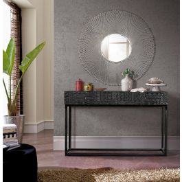 GINER Y COLOMER Meuble de réception en bois de manguier avec pattes métal noir, 2 tiroirs, sculptures artisanales, 76x120x30 cm