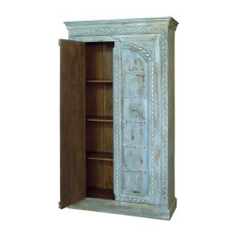 GINER Y COLOMER - Armoire en bois de manguier massif, 2 portes et 3 étagères, finition vert bleuté craquelé style ancien - 204x117x45 cm