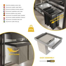 Emuca Kit plateau auxiliaire, panier et rack ajustable Quartz pour armoires, glissières extension totale et à fermeture douce, Module 70cm, Finition Titane