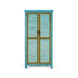 GINER Y COLOMER - Armoire en bois de manguier style artisanal, portes à lattes, étagères et barre à vêtements, peinture bleue vibrante Precio: 1799.988. SKU: B169WQC4GP