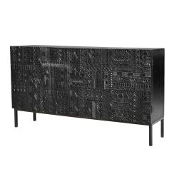 GINER Y COLOMER - Buffet en bois de manguier massif noir avec motif hiéroglyphe sculpté à la main et pattes en métal - 150 x 85 x 40 cm