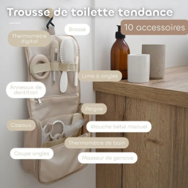 Beaba - Trousse de toilette bébé avec 10 accessoires - Thermomètre de bain, thermomètre digital, ciseaux, coupe-ongles, brosse, peigne, anneau de dentition - Terre d'argile